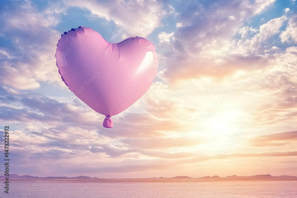Fototapeta premium Heart-shaped balloon floats in sunset sky