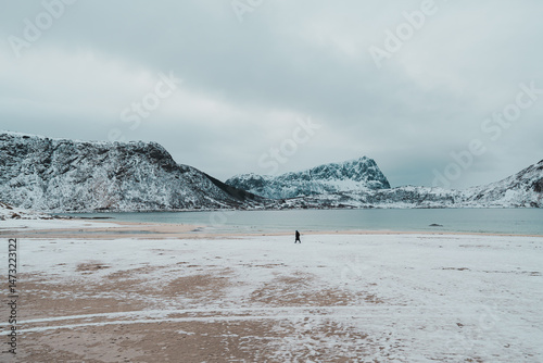 Winter Haukland Beach and Snowy Mountains in Lofoten Norway