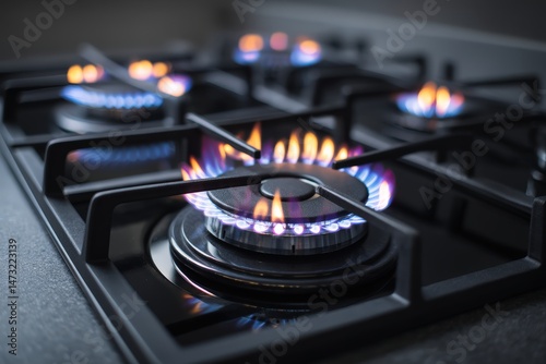 Close-up of lit gas stove burners with blue flames.