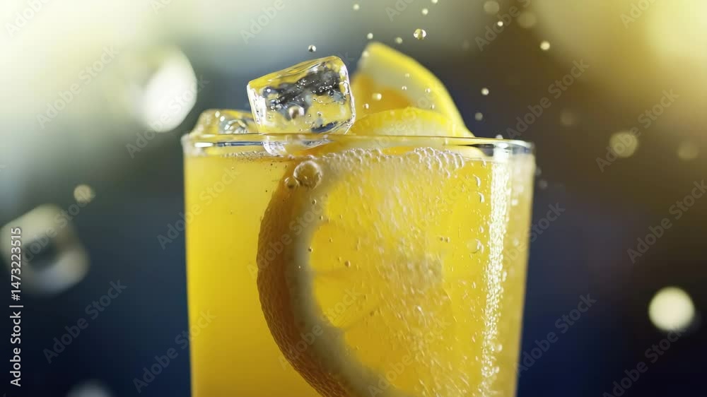 Refreshing cold drink with lemon slice, ice cubes, and bubbles in clear glass, vibrant yellow citrus beverage, cold summer refreshment, thirst quenching, energetic mood, perfect for hot days