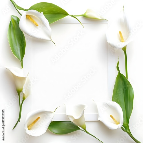 Elegant Botanical Frame with White Calla Lilies and Leaves: Stylish Minimalist Floral Design for Weddings and Special Occasions