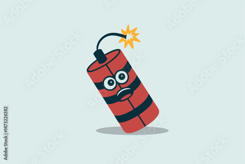 Cartoon dynamite stick character with a worried expression and a lit fuse depicted