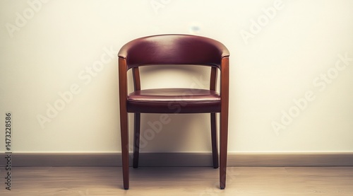 Wallpaper Mural A single, maroon leather chair sits against a light beige wall.  Wooden legs extend to a light-brown floor Torontodigital.ca