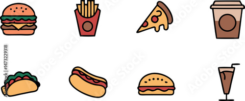 Collection of delicious fast food icons including burgers pizza fries and beverages on white