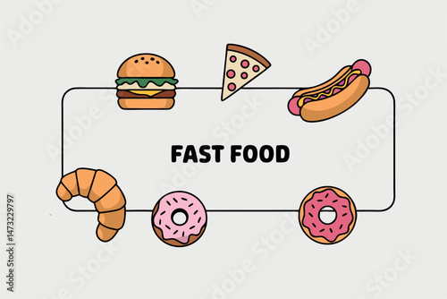 Colorful illustrated collection of fast food items in a simple and appealing restaurant design