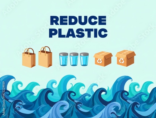 Reduce Plastic Pollution Sustainable Alternatives for a Cleaner Ocean.  Choose Reusable Bags, Glasses, and Cardboard Boxes to Minimize Waste and Protect Our Marine Environment. photo
