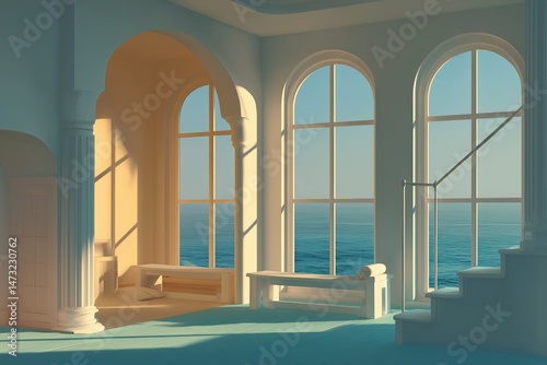 Coastal Room with Ocean View Pastel Sunlight Minimalist Design