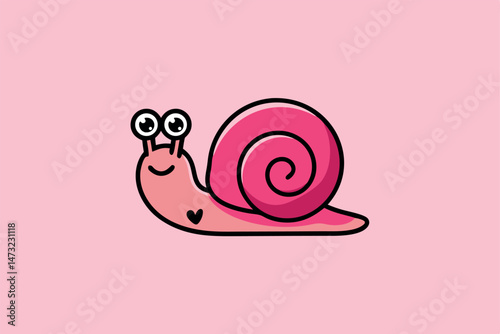 Adorable cartoon snail with big googly eyes and a pink shell smiling on a pink background