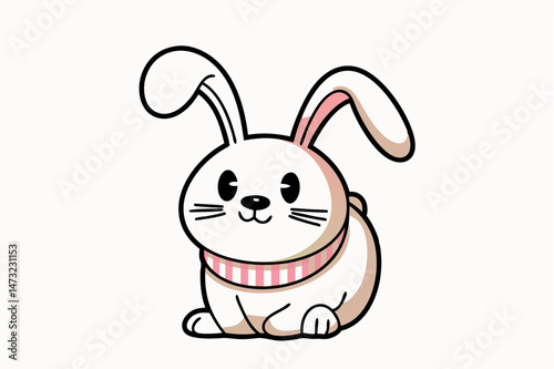 Adorable cartoon illustration of a friendly white bunny rabbit with a pink scarf ready for spring