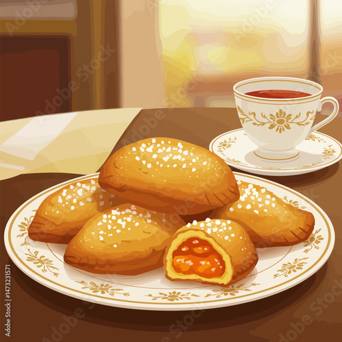 Enjoying Fresh Baked Turnovers with Tea at the Table Indoors