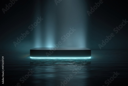 Dark Abstract Platform With Blue Neon Light And Reflective Surface