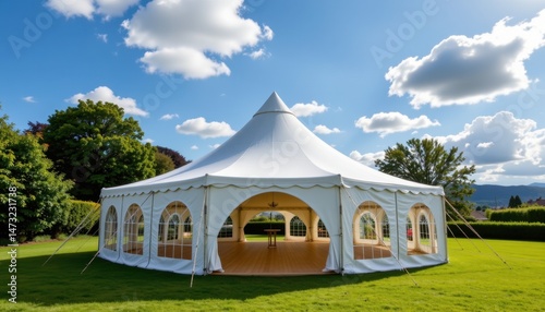 Event tent setup in scenic outdoor location for gatherings and celebrations bright sunny day clear blue skies