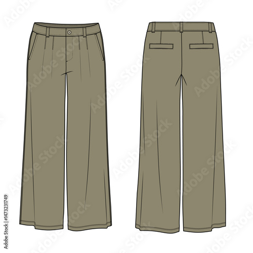 Wide-Leg Pleated Trousers technical fashion flat. Pants vector illustration, front and back view, editable mockup template.