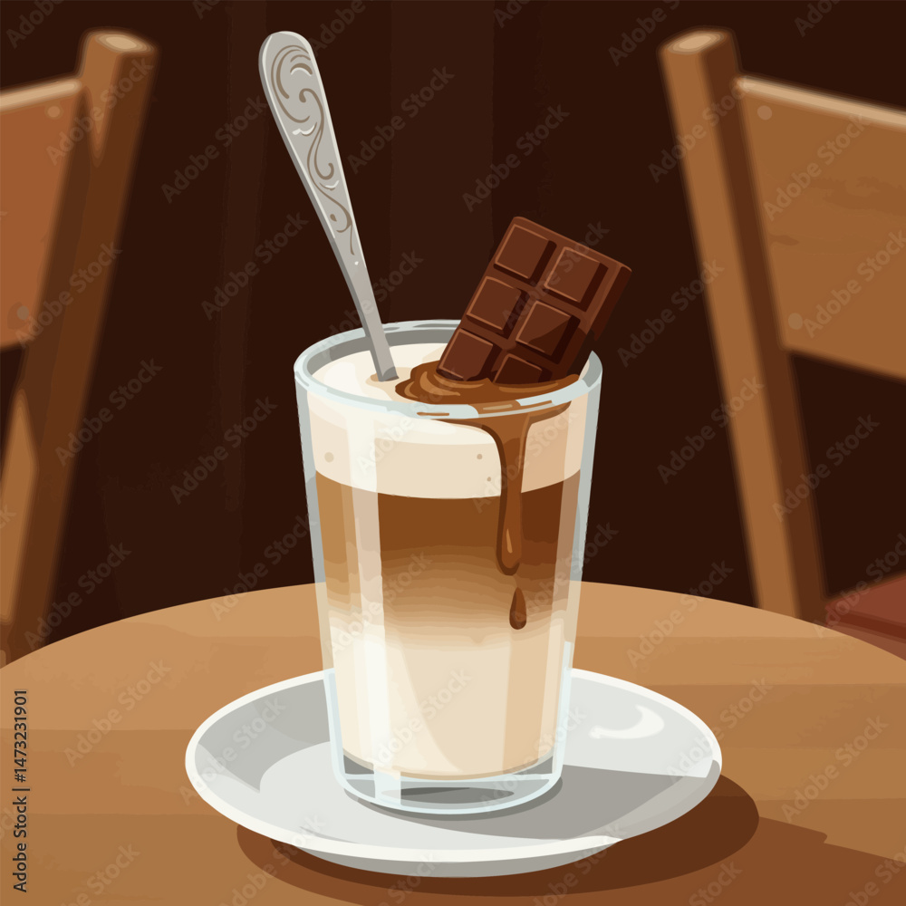 Enjoying a Chocolate Milk Beverage with a Spoon on a Table