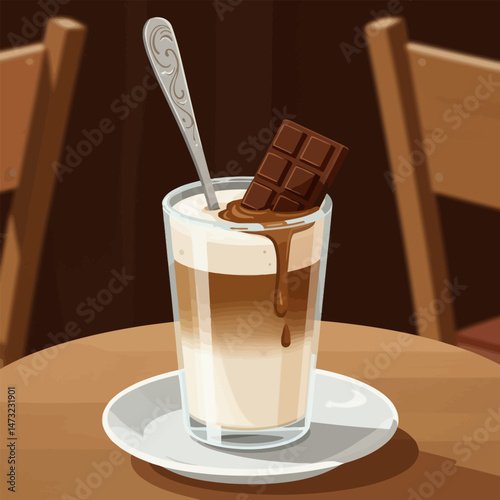 Enjoying a Chocolate Milk Beverage with a Spoon on a Table