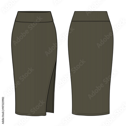 High Waist Pencil Skirt with Side Slit technical fashion flat. Vector illustration, front and back view, editable mockup template.
