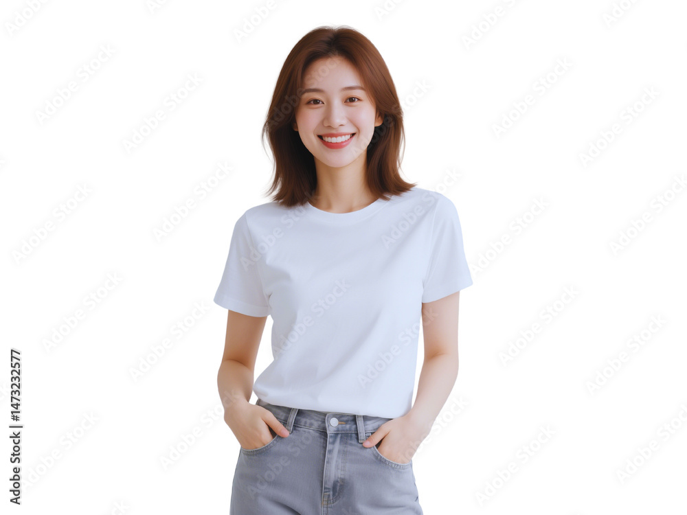 Portrait of a Smiling Young Asian Woman in a White T shirt and Gray Jeans Portrait of a Smiling Young Asian Woman in a White T shirt and Gray Jeans