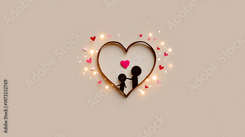 Heart-shaped illustration featuring silhouettes of a couple surrounded by colorful hearts and glowing lights, symbolizing love and affection in a romantic setting. Selective focus