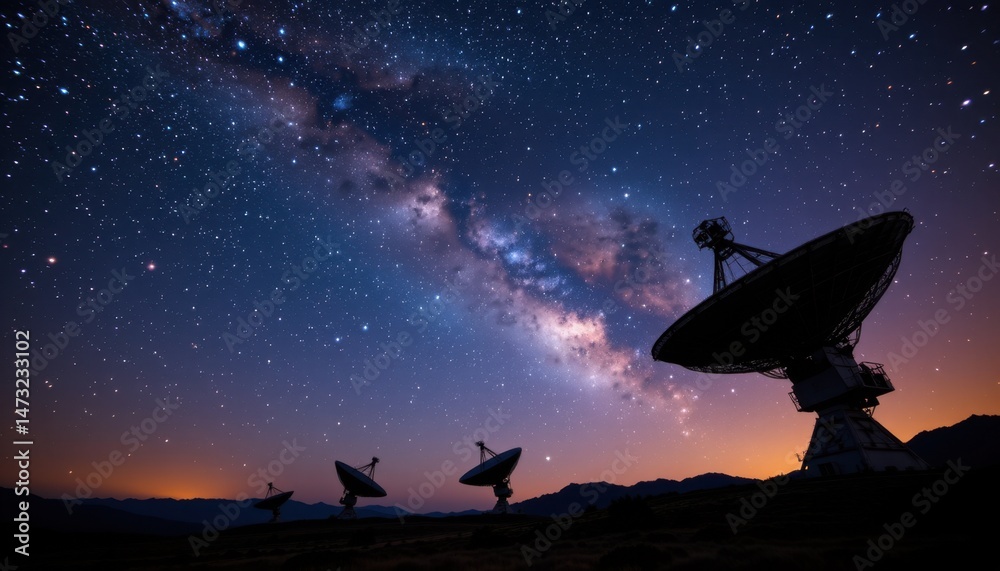 Satellite dishes capturing cosmic wonders remote mountain range night sky photography serene landscape low angle astronomy exploration Satellite dishes capturing cosmic wonders remote mountain range night sky photography serene landscape low angle astronomy exploration