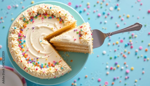 Celebratory cake slice kitchen food photography bright colors top view delicious dessert concept