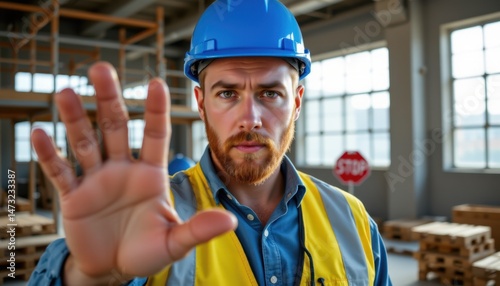 Construction safety enforcement industrial site image indoor close-up worker alertness