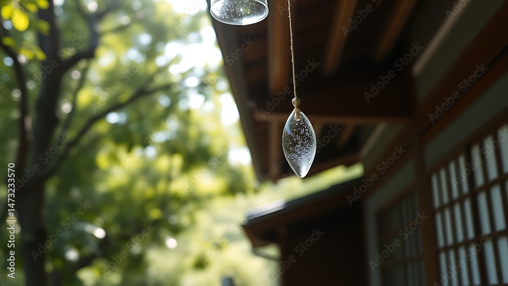 Fototapeta premium Glass Wind Chime Pendant by a Traditional House