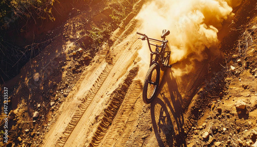 Bike rider sprays dust in the air during an off road course run at golden hour