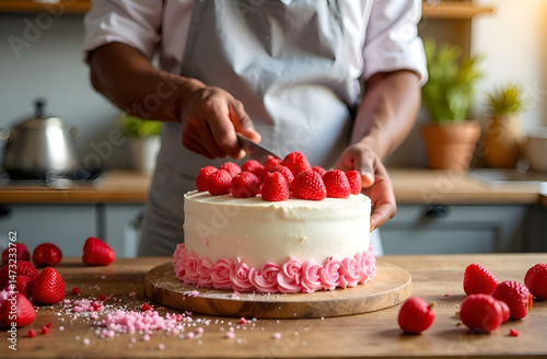 Pastry chef's hands decorate the cake with berries for the holiday. Baker cuts the cake. The concept of ordering a cake with vanilla cream.