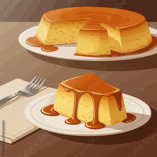Serving Custard Dessert with Caramel Sauce on a Plate