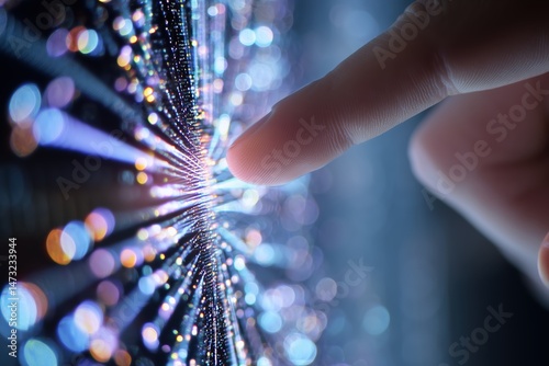Fingertip Interacting With Glowing Colorful Data Stream On A Dark Screen