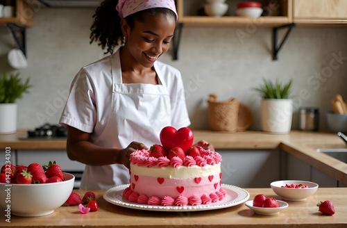 An African pastry chef decorates a cake. The concept of making desserts and birthday cakes