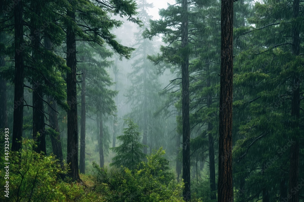 Fototapeta premium Forest Scene Under Rainfall