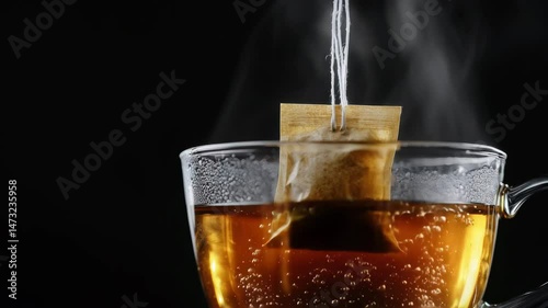 Wallpaper Mural Hot tea in clear glass cup with tea bag steeping, steam rising against black background, creating cozy, calming, and relaxing atmosphere, perfect beverage drink for relaxation and inviting moments Torontodigital.ca