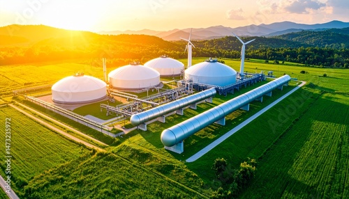 Facility amidst green fields under a sunset sky, with tanks, pipelines, and turbines