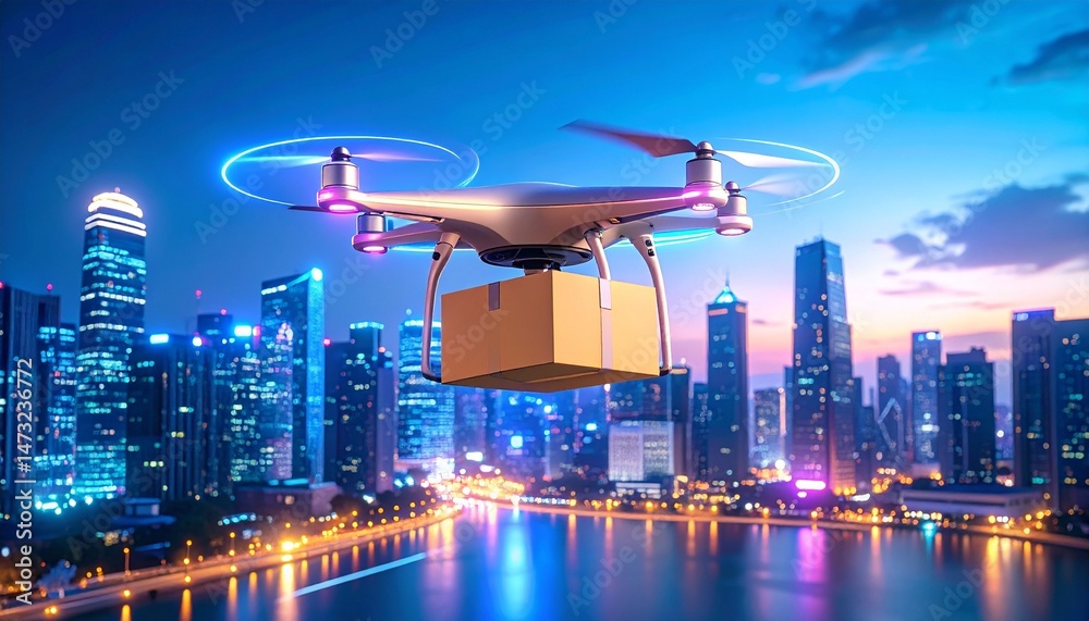 Naklejka premium Aerial drone delivers package through glowing city at night