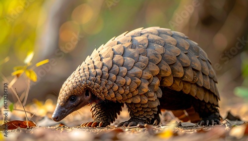Scaled mammal waddles on forest floor, bathed in golden light