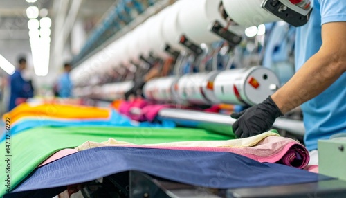 Fabric production line with worker inspecting vibrant textiles for flaws and consistency