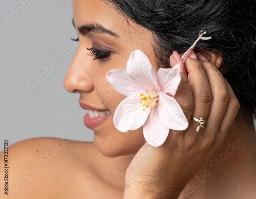 Woman with flower near ear, skin showing, hair pulled back, smiling slightly, with a gray background