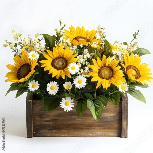 Vibrant Artificial Sunflowers and Daisies Centerpiece in Wooden Box for Rustic Floral Decor and Seasonal Event Arrangements