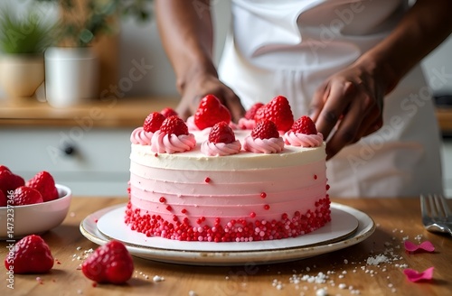 Pastry chef's hands decorate the cake with berries for the holiday. Concept of ordering a cake with vanilla cream and berry filling. Delivery of fresh desserts