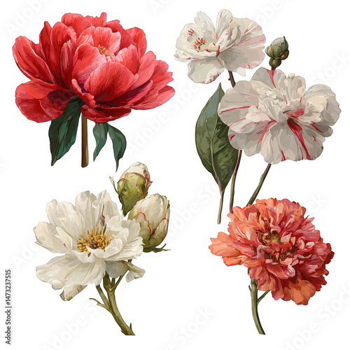 Fototapeta Naklejka Na Ścianę i Meble -  Elegant floral arrangement featuring red white and coral peonies and on transparent background art