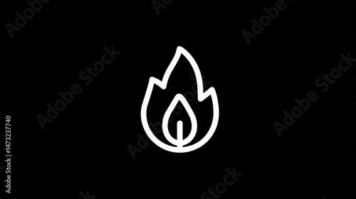 A white line art depiction of a flame, stylized with layered, organic shapes resembling a leaf or petal within the fire form