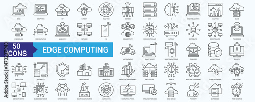 Edge Computing icon set with IOT, Latency, Real-time, Sensor, Data, AI, Machine Learning, Analytics, Cloud and Hybrid Cloud