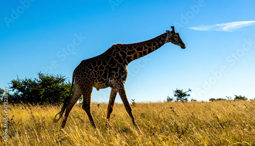 Giraffe walking through the plains, sunny day