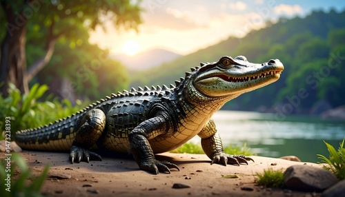 Alligator resting on dirt with a water and forested hill backdrop under warm, sunset light
