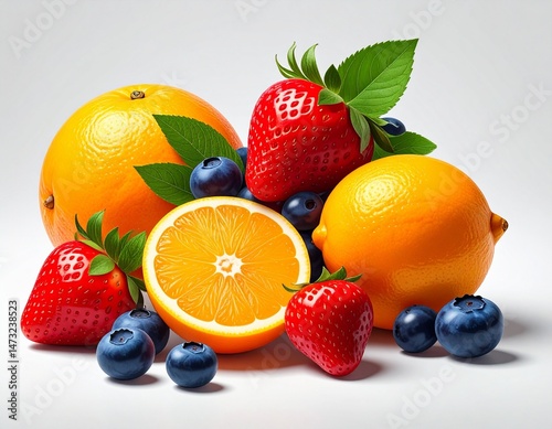 Arrangement of fresh, bright fruits citrus halves, whole berries, and green leaves