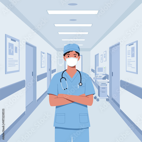 Doctor Standing with Arms Crossed in Bright Hospital Hallway Setting