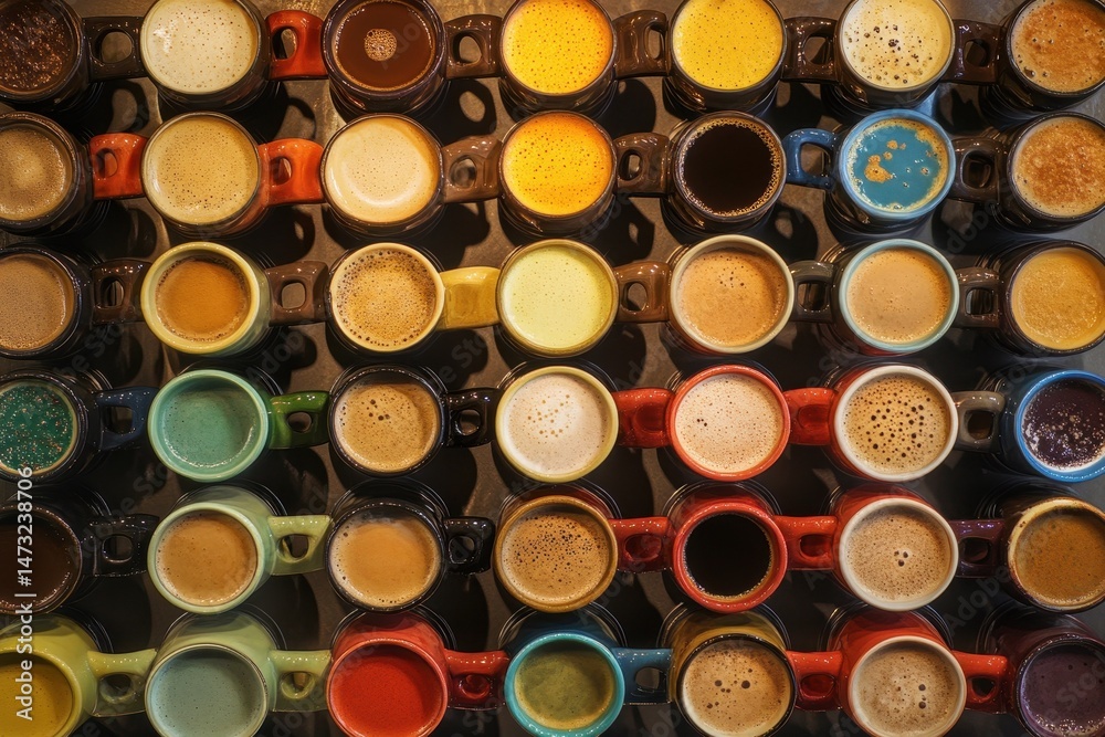 Colorful coffee cups arranged in a grid pattern Colorful coffee cups arranged in a grid pattern