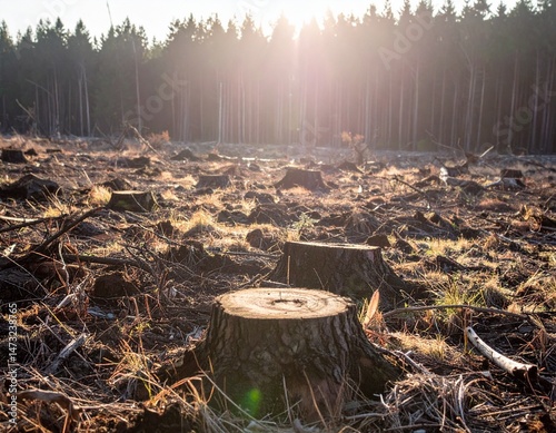 Tree stumps fill a deforested area, back-lit by sunlight, bordering a forest