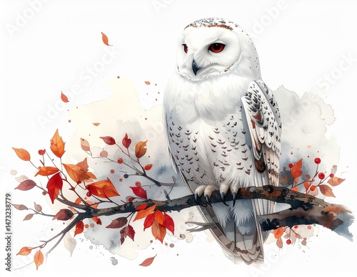 Snowy owl perched on autumn branch, with colorful leaves and a watercolor-style background